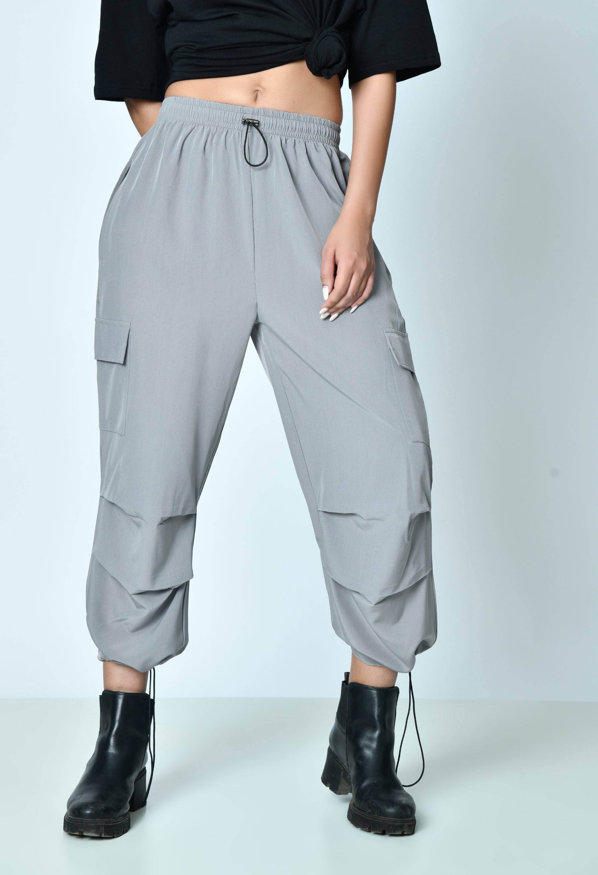 Loose Fit High-Waist Pleated Cargo Pants for Women – Poplin Lycra Fabric