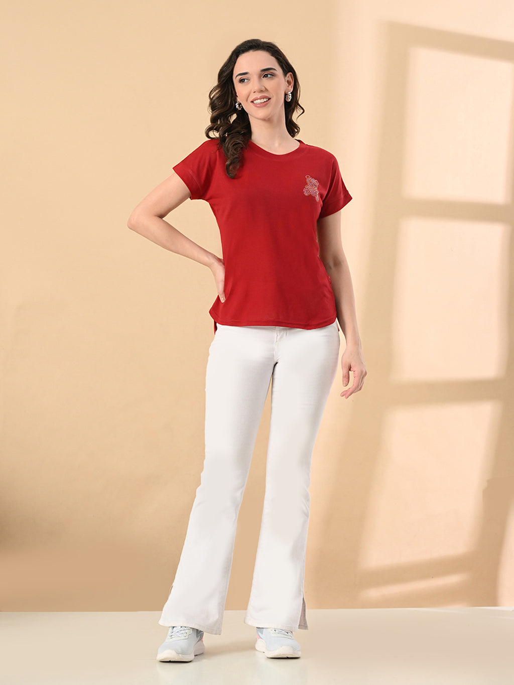Women’s High-Low Hem T-Shirt – Cotton Lycra, Crystal Print, Short Sleeves, Casual Wear