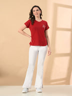 Women’s High-Low Hem T-Shirt – Cotton Lycra, Crystal Print, Short Sleeves, Casual Wear