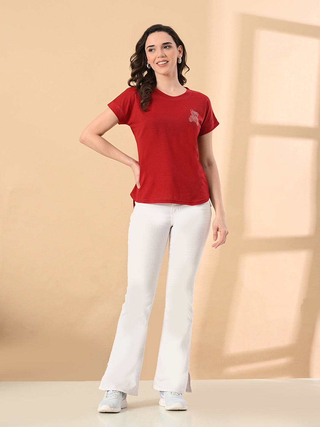 Women’s High-Low Hem T-Shirt – Cotton Lycra, Crystal Print, Short Sleeves, Casual Wear