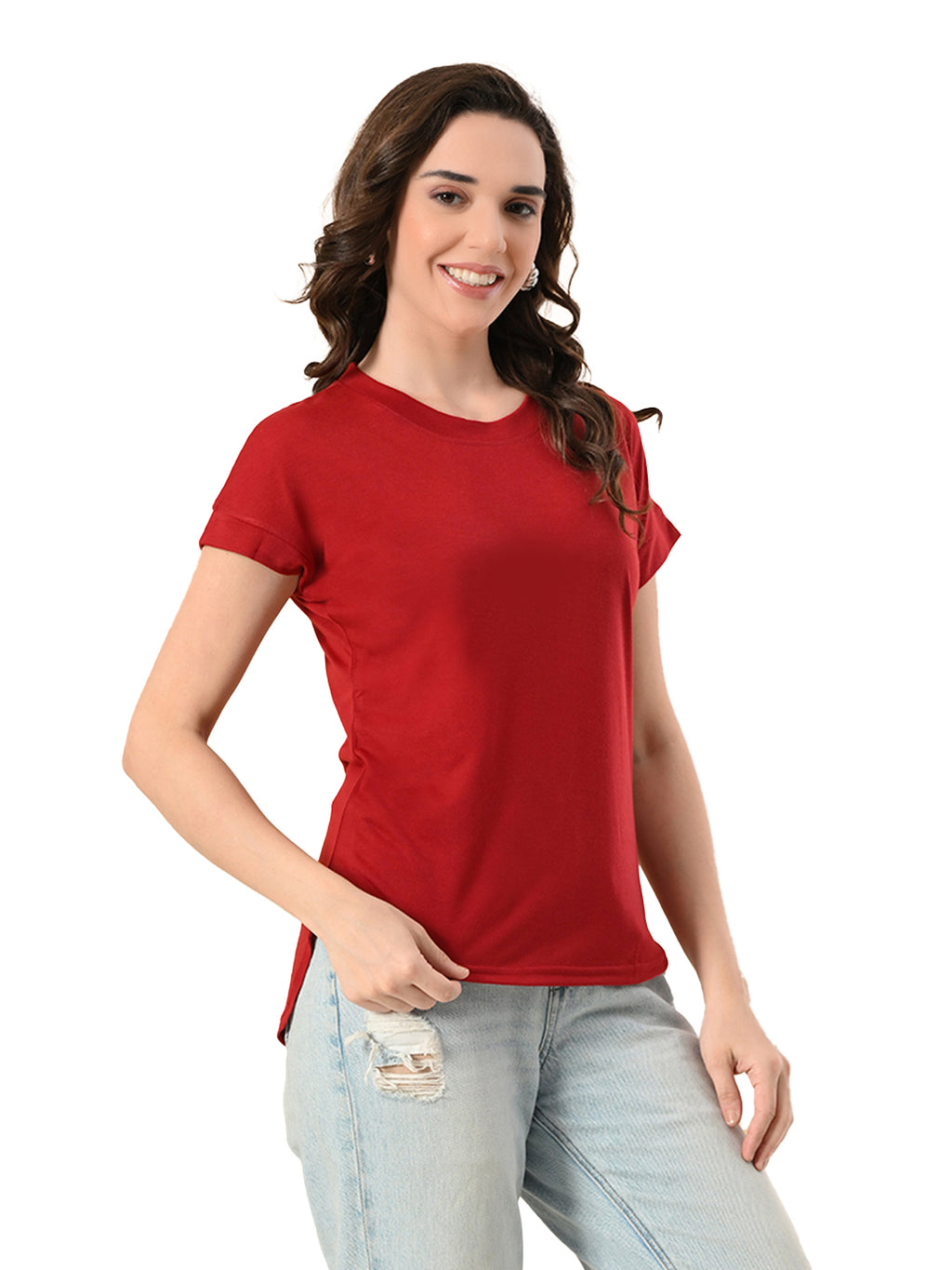 Stylish Up & Down Women’s High-Low Hem T-Shirt – Premium Cotton Lycra, Seamless Sleeves, Round Neck Casual & Active Wear Girls T-Shits