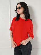 Oversized Drop Shoulder Women’s T-Shirt – Pure Cotton, Round Neck, Relaxed Fit Red
