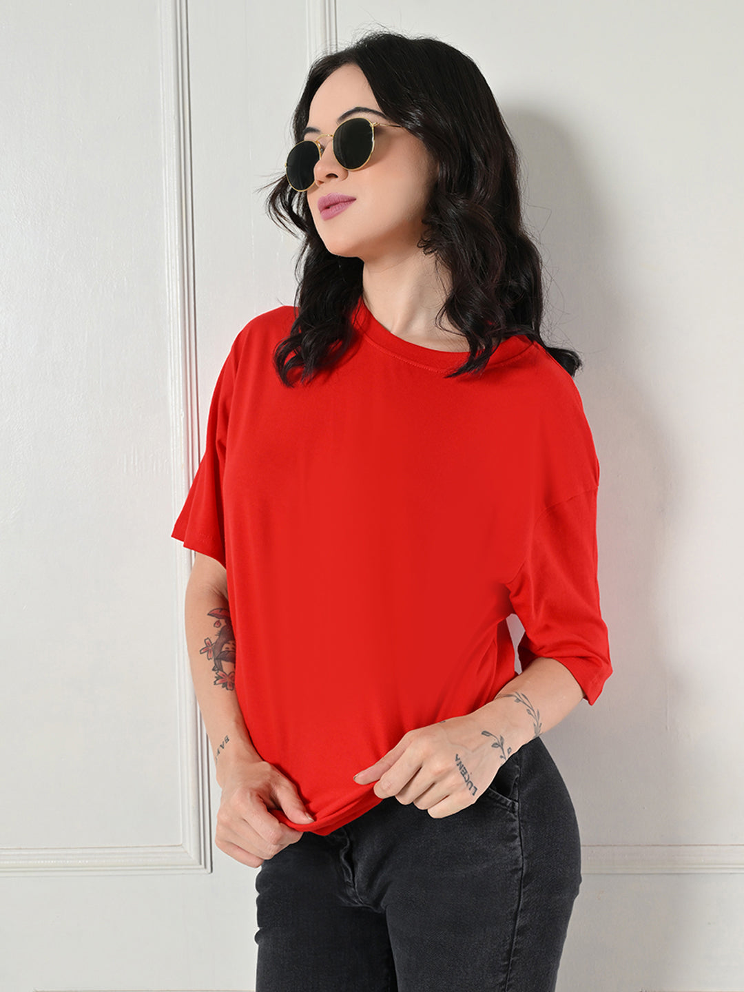 Oversized Drop Shoulder Women’s T-Shirt – Pure Cotton, Round Neck, Relaxed Fit Red