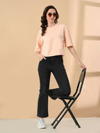 Women's Oversized Drop Shoulder Crop T-Shirt – 100% Cotton, Round Neck Half Sleeves Solid Top for Casual