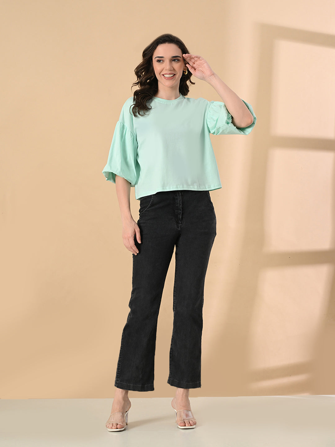 Oversized Balloon Sleeve Crop Top for Women