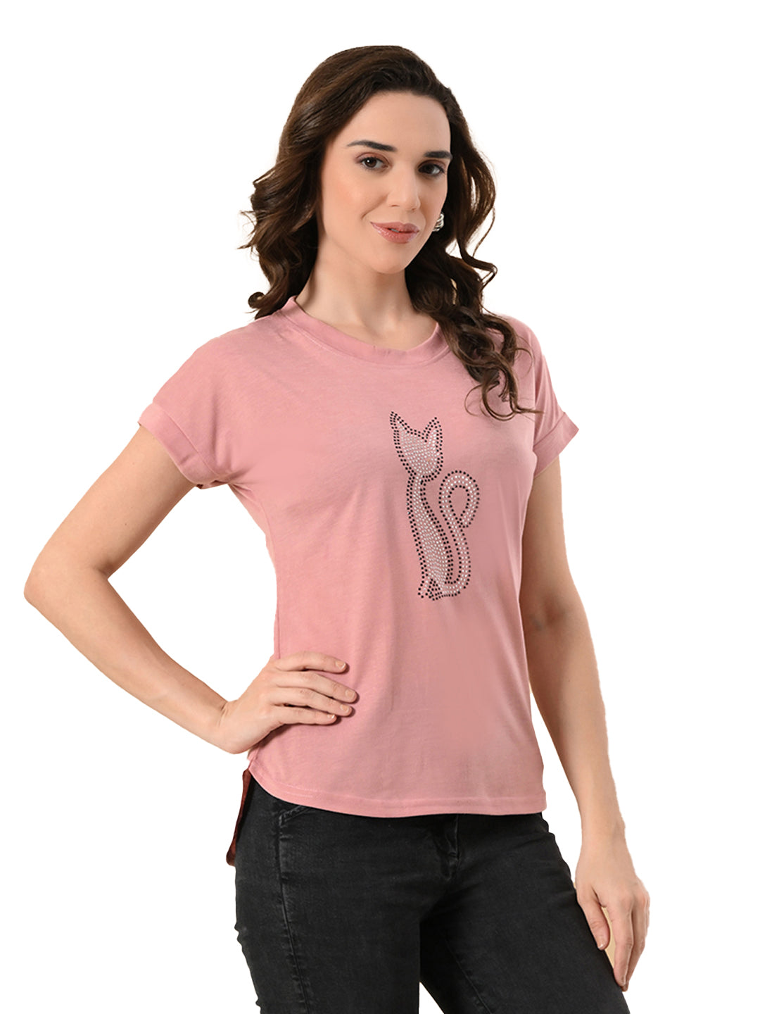 Stylish Women’s High-Low Tee with Crystal Print – Cotton Lycra