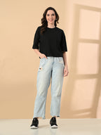 Women's Oversized Drop Shoulder Crop T-Shirt – 100% Cotton, Round Neck Half Sleeves