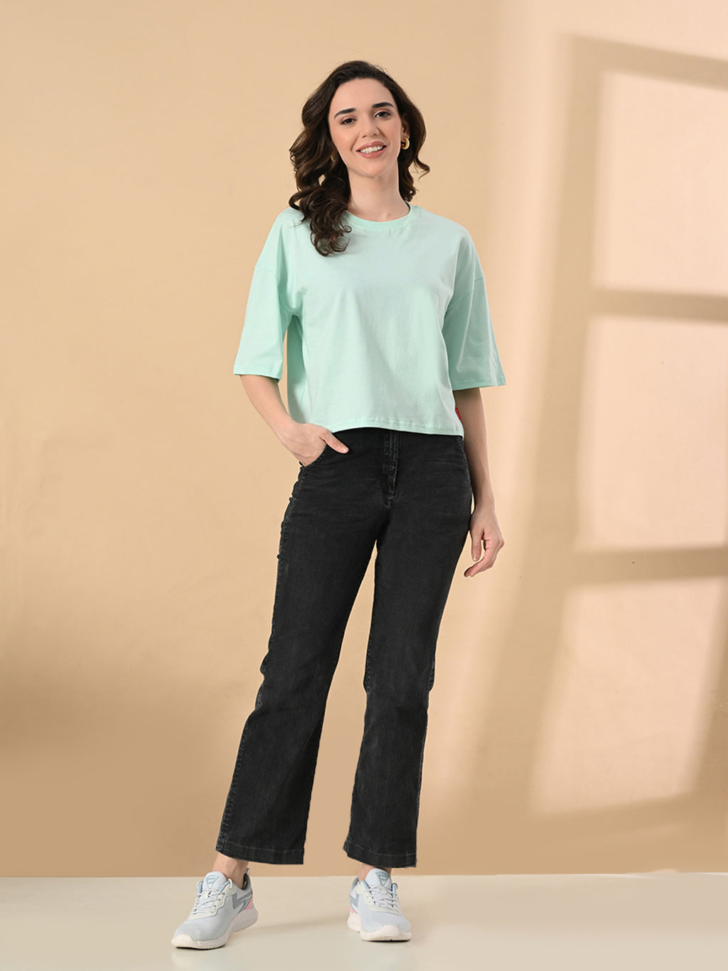 Oversized Crop T-Shirt for Women – Pure Cotton, Drop Shoulder, Solid Casual Top