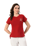 Women’s High-Low Hem T-Shirt – Cotton Lycra, Crystal Print, Short Sleeves, Casual Wear