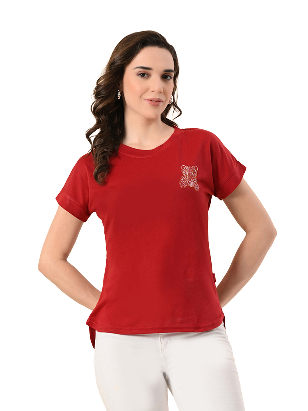 Women’s High-Low Hem T-Shirt – Cotton Lycra, Crystal Print, Short Sleeves, Casual Wear