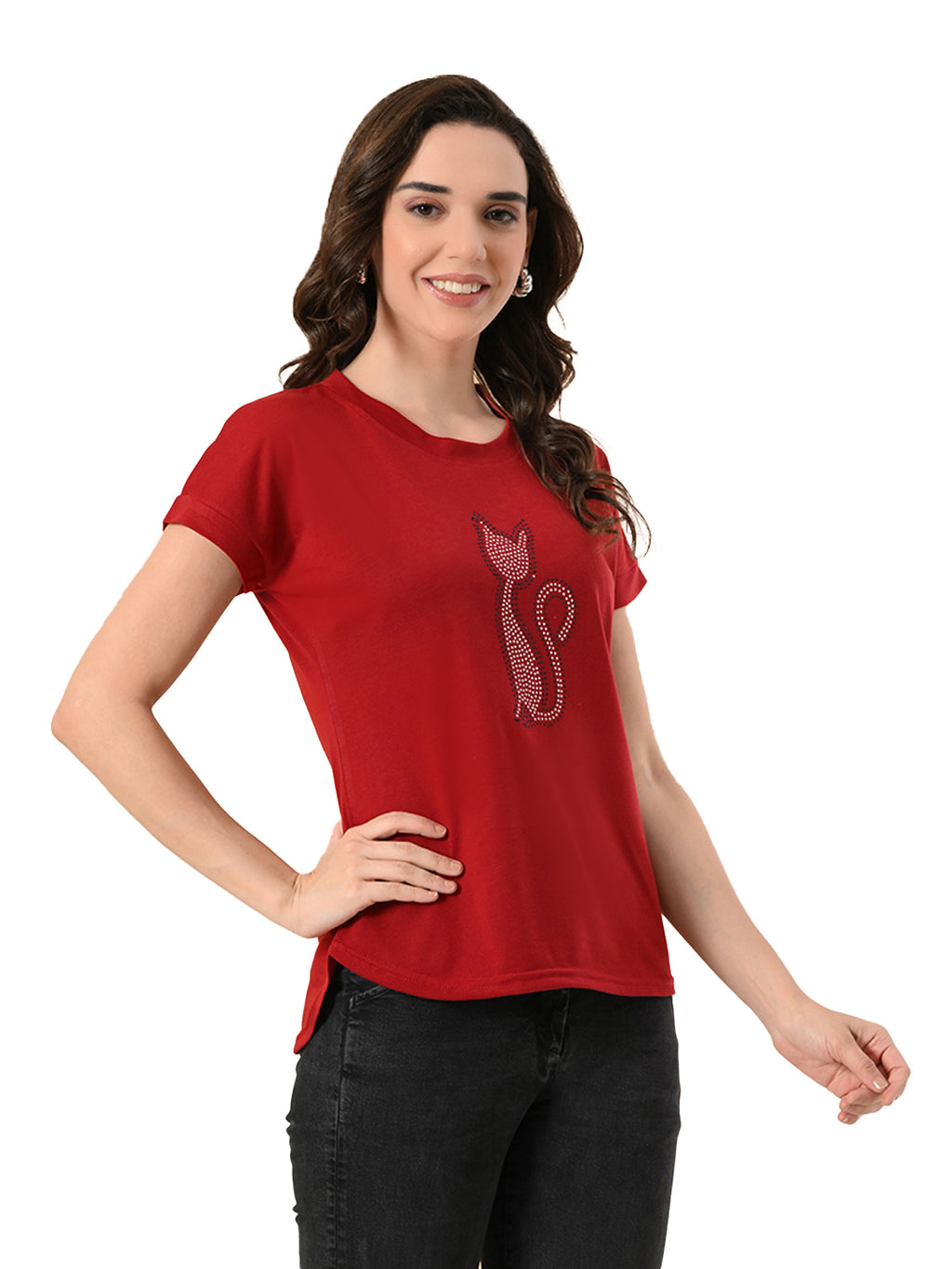 Women’s High-Low T-Shirt with Crystal Cat Print