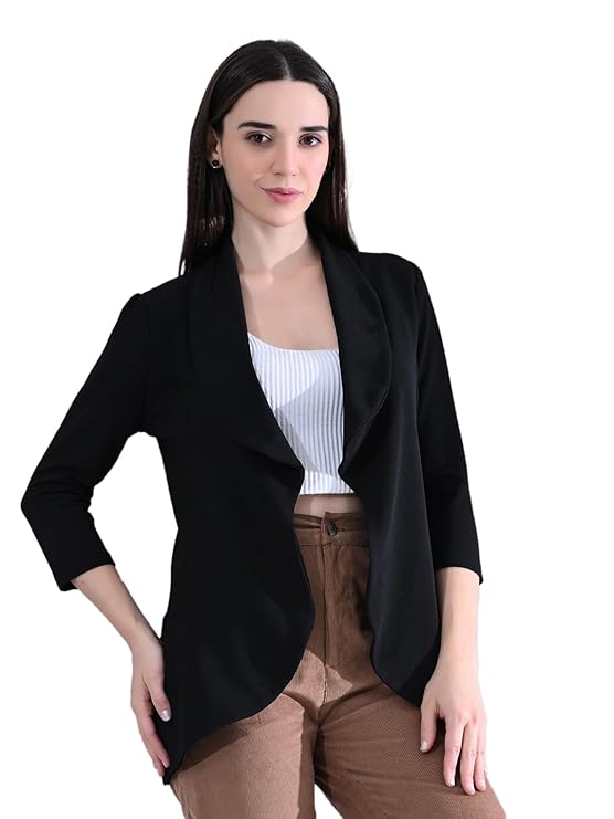 Black Cotton Blend Snap Blazer For Women