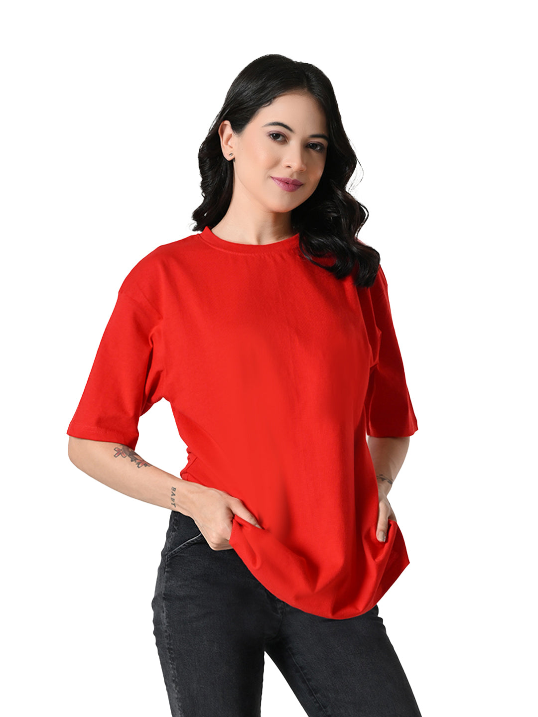 Oversized Drop Shoulder Women’s T-Shirt – Pure Cotton, Round Neck, Relaxed Fit Red