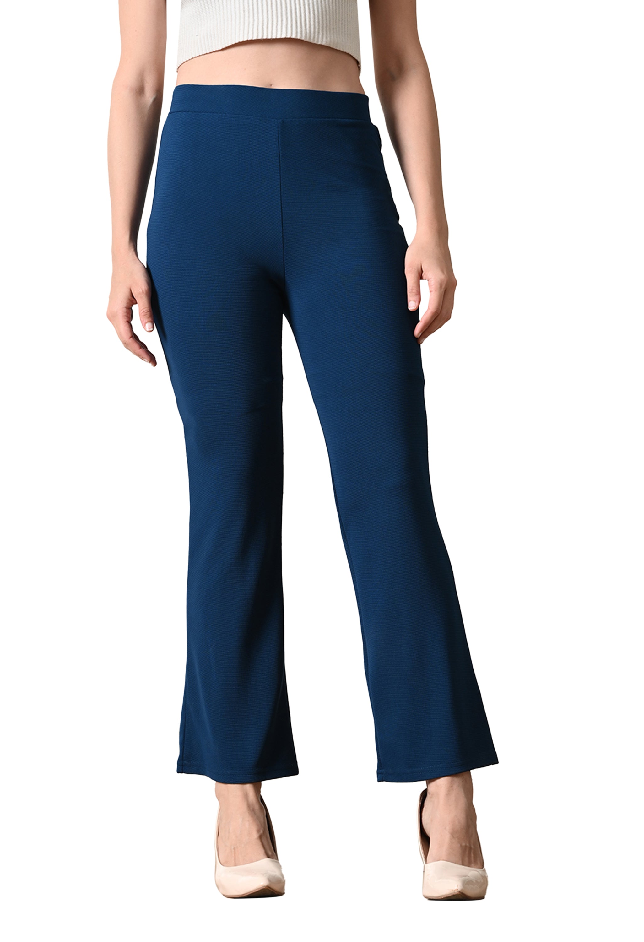 Women's Slim Fit Boot Cut Casual Trousers I Regular Fit Elastic Waist Full Length Formal Trouser