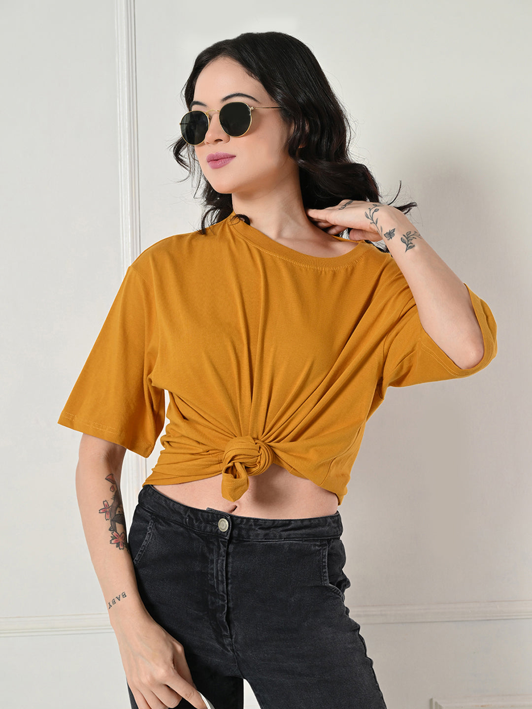 Women's Oversized Drop Shoulder Crop T-Shirt – 100% Cotton, Round Neck Half Sleeves Solid Top for Casual