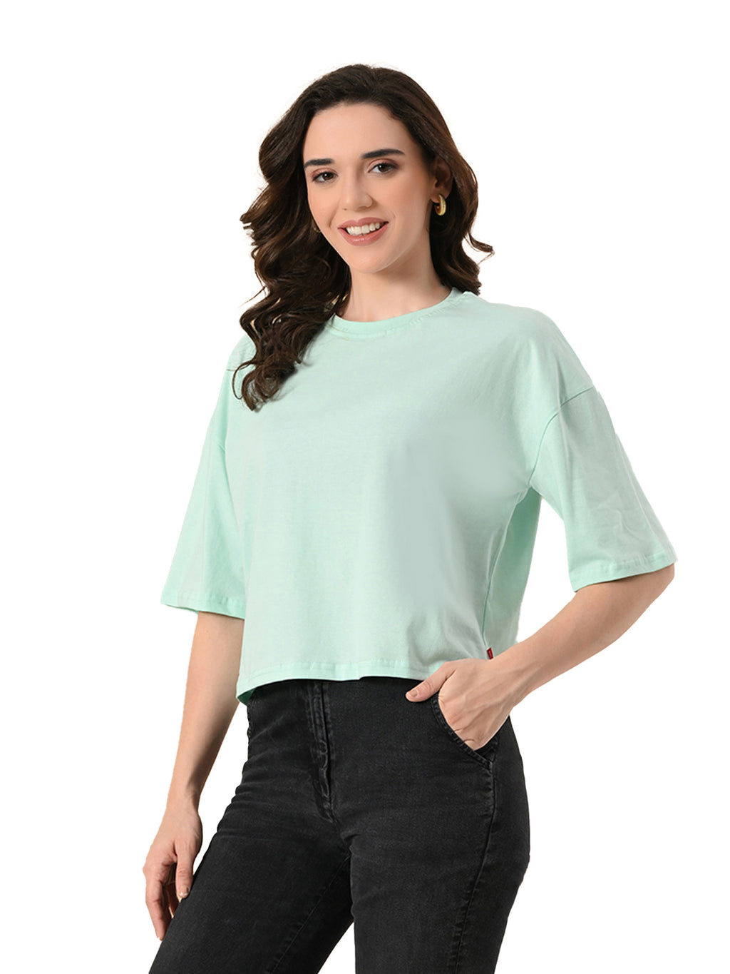 Oversized Crop T-Shirt for Women – Pure Cotton, Drop Shoulder, Solid Casual Top