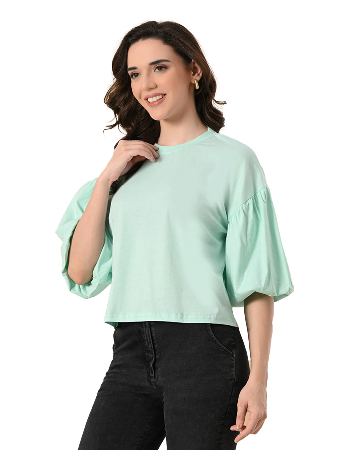 Oversized Balloon Sleeve Crop Top for Women