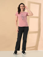 Stylish Women’s High-Low Tee with Crystal Print – Cotton Lycra