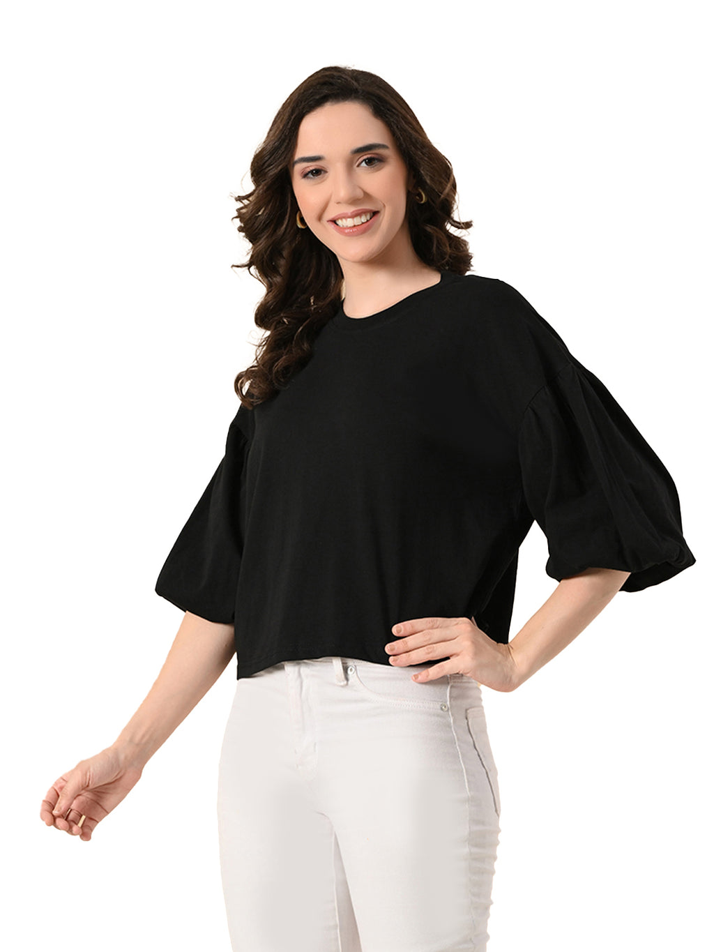 Oversized Cotton Crop T-Shirt for Women – Balloon Sleeves