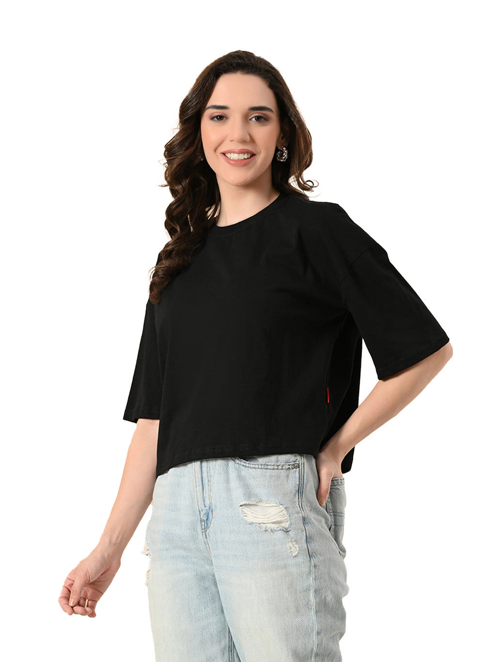 Women's Oversized Drop Shoulder Crop T-Shirt – 100% Cotton, Round Neck Half Sleeves
