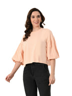 Women’s 100% Cotton Oversized Crop Top – Balloon Sleeves & Trendy Round Neck