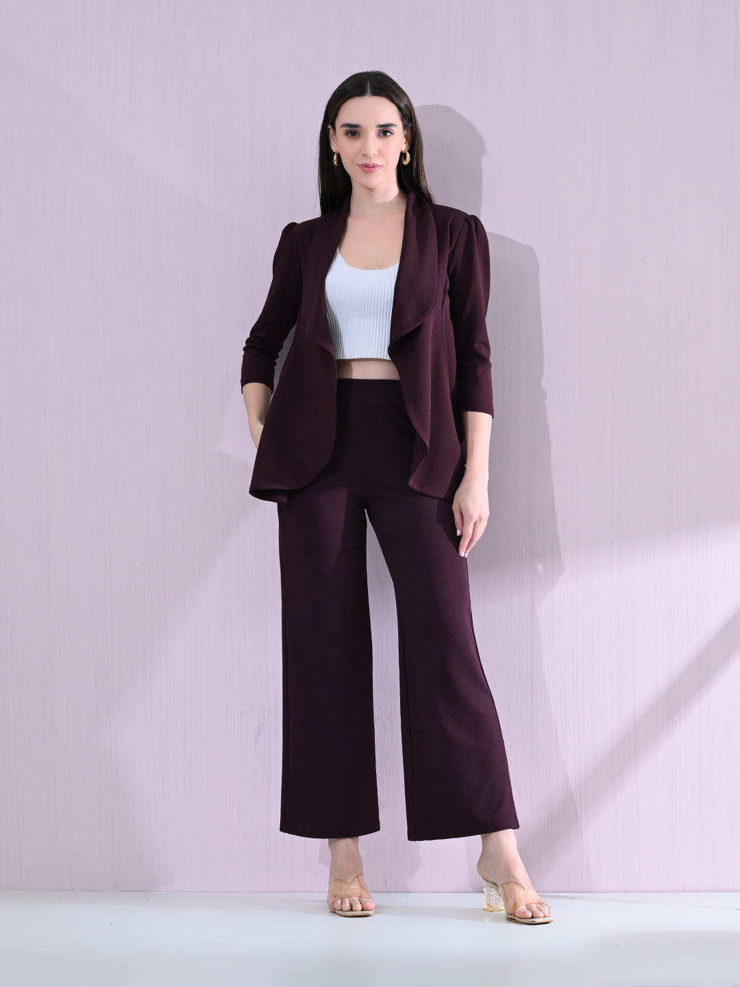 Women's Solid Relaxed Fit 3/4 Sleeve Co-ord Blazer and Trouser Set Wine
