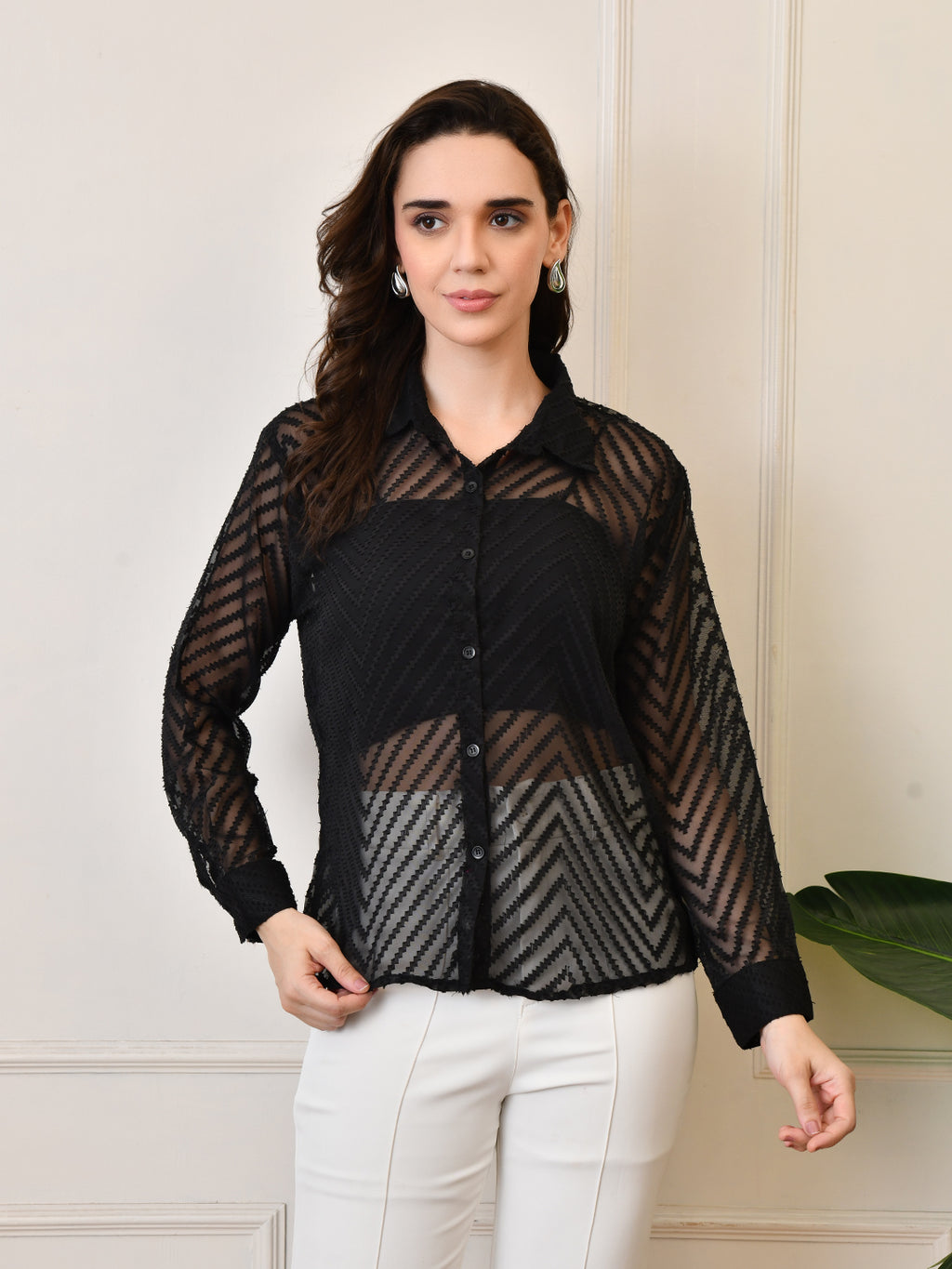 Women’s Chiffon Shirt – Full Sleeve, Collared, Regular Fit, Solid Self-Design Zig Zag Texture Shirts