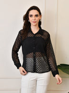 Women’s Chiffon Shirt – Full Sleeve, Collared, Regular Fit, Solid Self-Design Zig Zag Texture Shirts