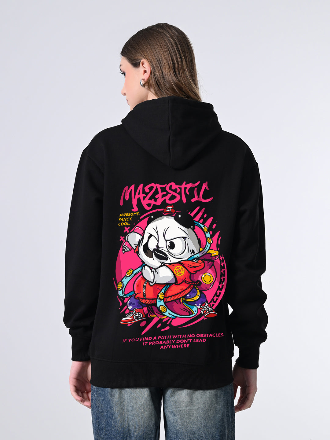Women’s Black Fleece Hoodie – Printed Design with Kangaroo Pocket