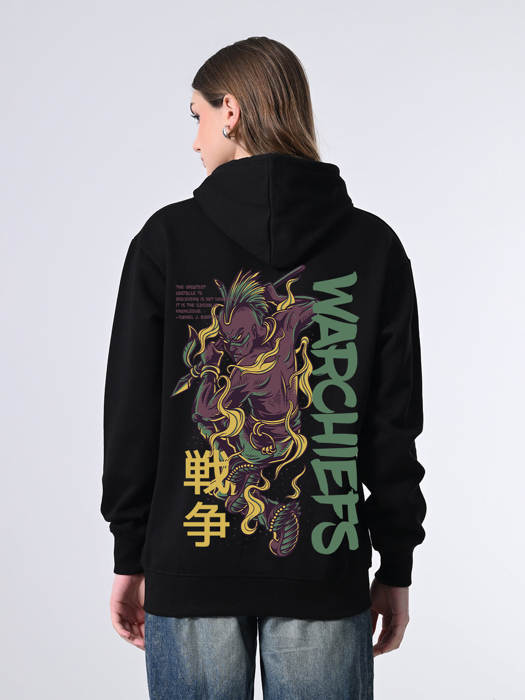 Classic Black Printed Hoodie for Women – Relaxed Fit Winter Pullover with Hooded Neck & Full Sleeves