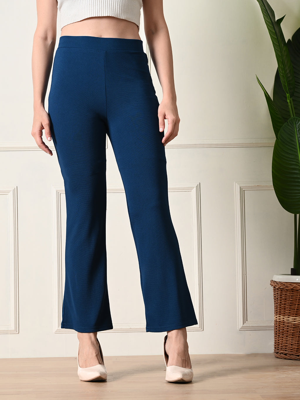 Women's Slim Fit Boot Cut Casual Trousers I Regular Fit Elastic Waist Full Length Formal Trouser