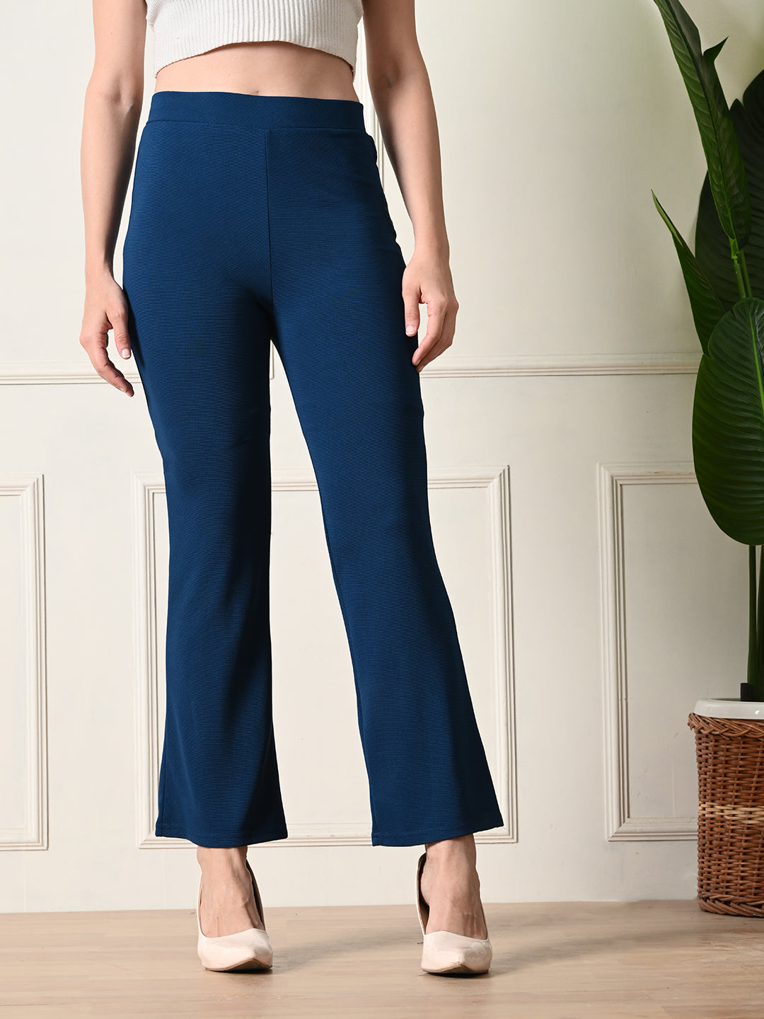 Women's Slim Fit Boot Cut Casual Trousers I Regular Fit Elastic Waist Full Length Formal Trouser