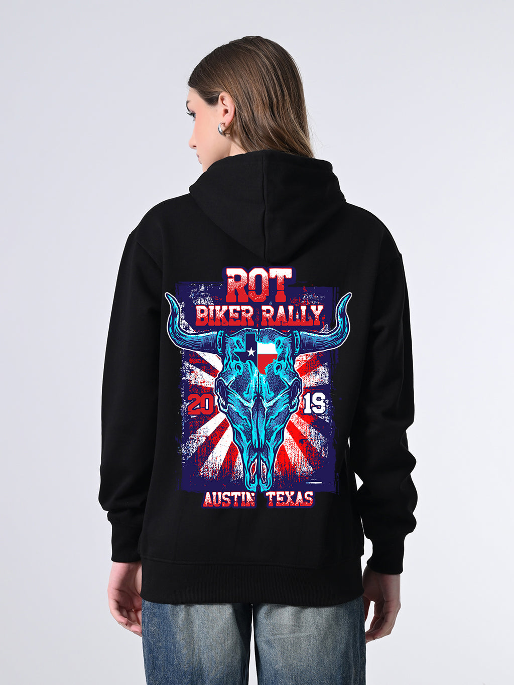 Women’s Black Hooded Sweatshirt – Printed Relaxed-Fit Winter Pullover with Full Sleeves