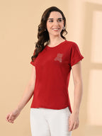 Women’s High-Low Hem T-Shirt – Cotton Lycra, Crystal Print, Short Sleeves, Casual Wear