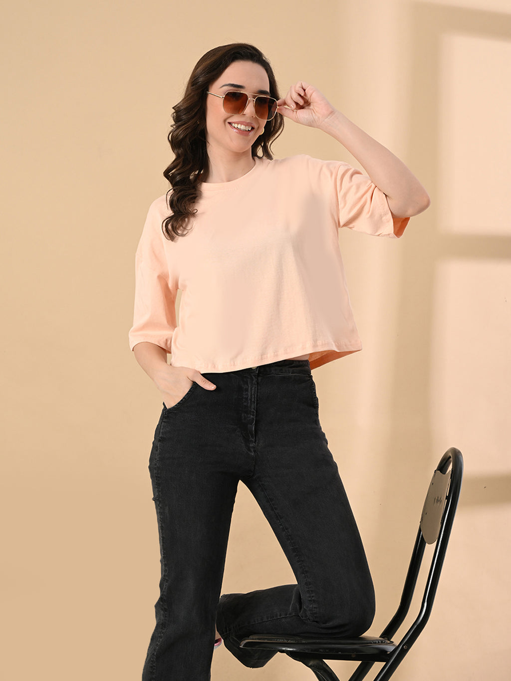 Women's Oversized Drop Shoulder Crop T-Shirt – 100% Cotton, Round Neck Half Sleeves Solid Top for Casual