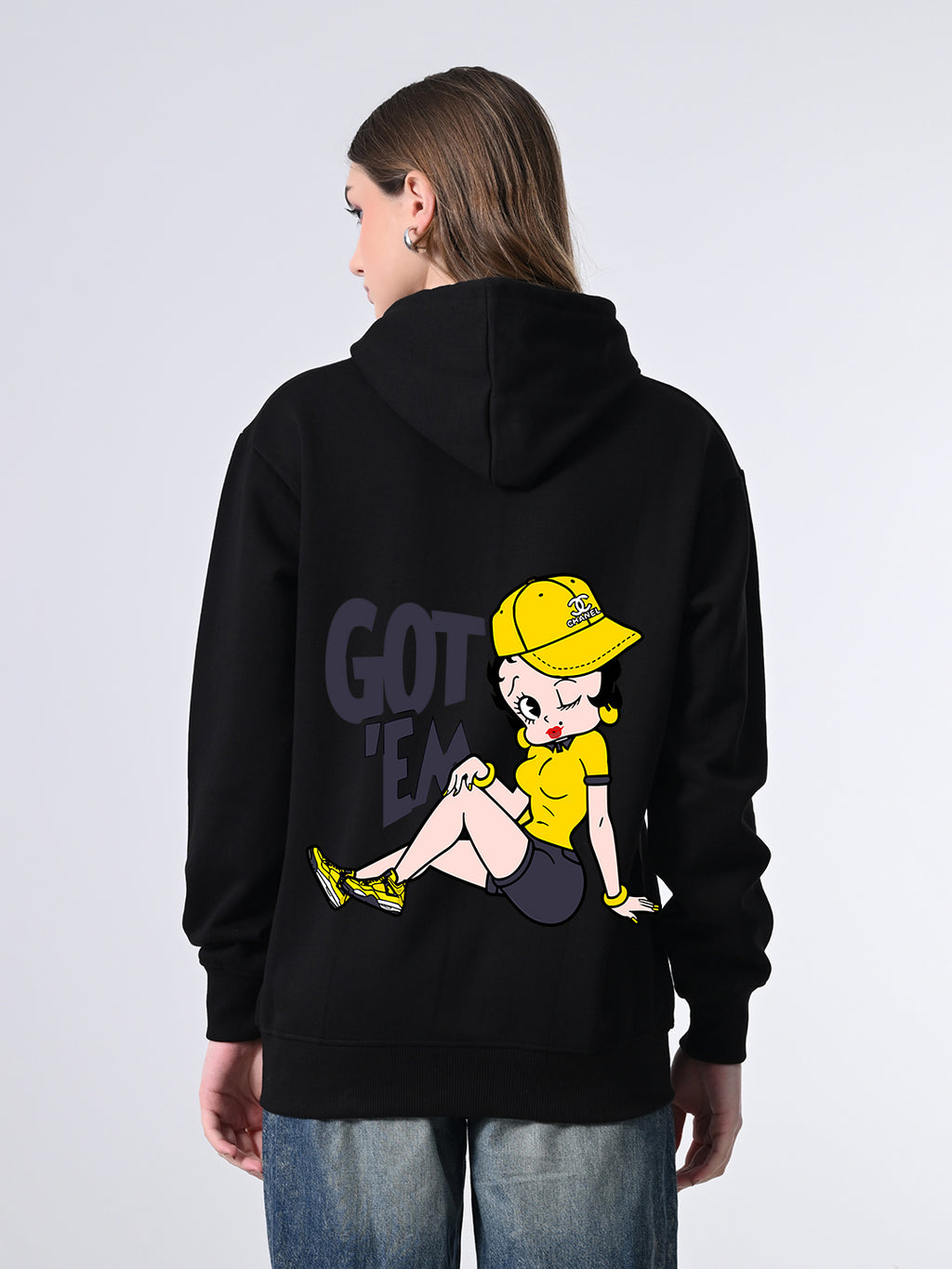 Women’s Soft Fleece Black Hoodie – Printed Relaxed Fit Design