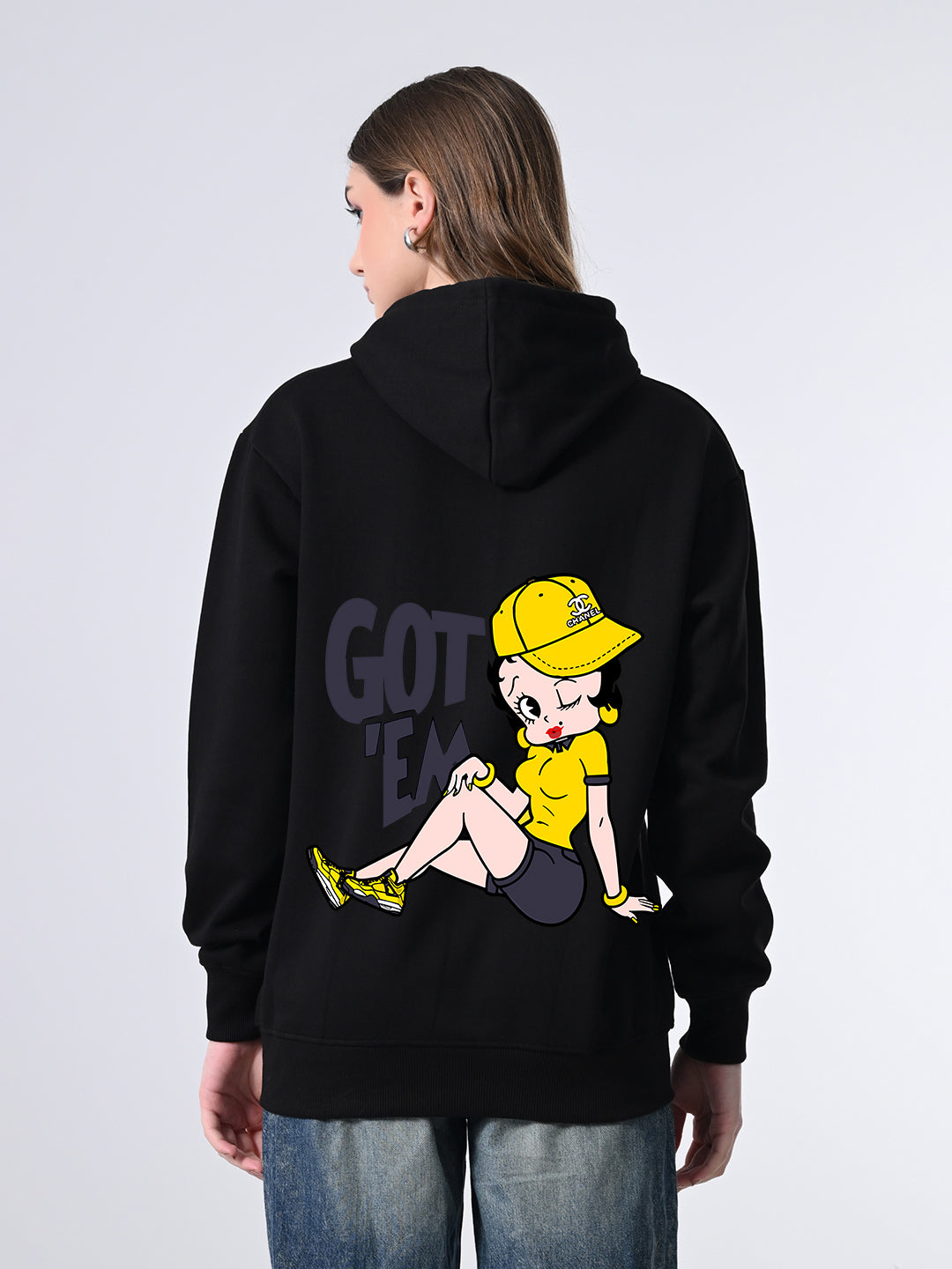 Women’s Soft Fleece Black Hoodie – Printed Relaxed Fit Design