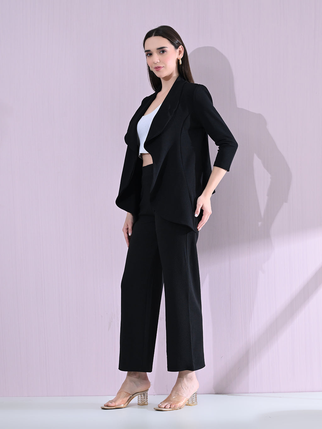 Women's Solid Relaxed Fit 3/4 Sleeve Co-ord Blazer and Trouser Set Black