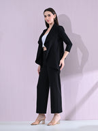 Women's Solid Relaxed Fit 3/4 Sleeve Co-ord Blazer and Trouser Set Black