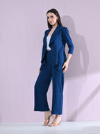 Women's Solid Relaxed Fit 3/4 Sleeve Co-ord Blazer and Trouser Set Blue