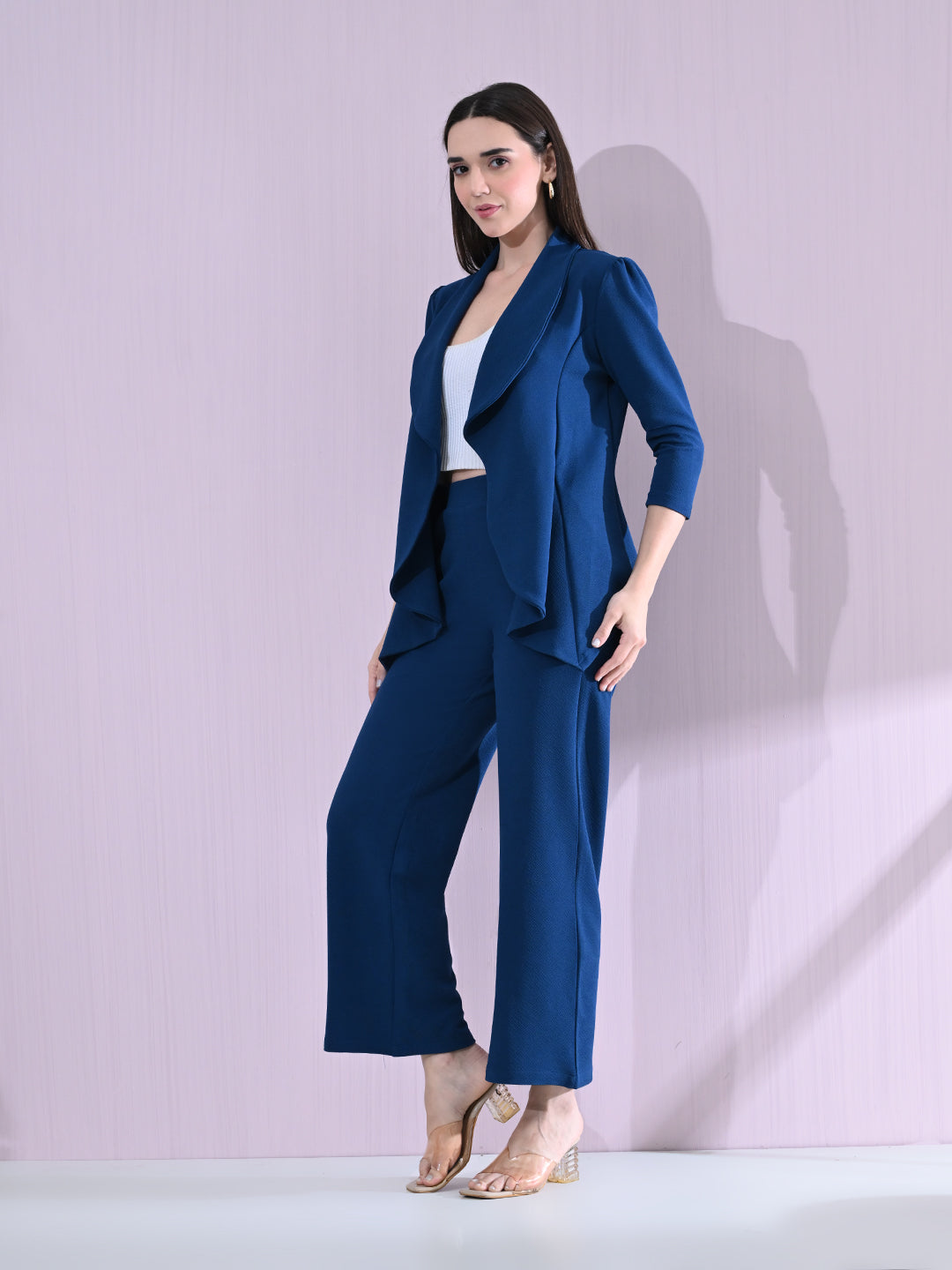 Women's Solid Relaxed Fit 3/4 Sleeve Co-ord Blazer and Trouser Set Blue