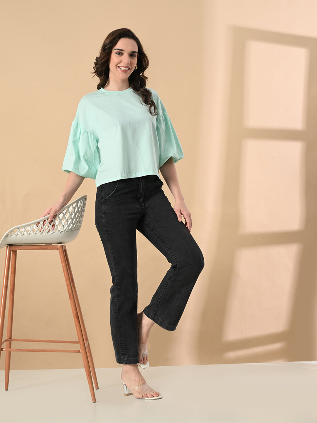 Oversized Balloon Sleeve Crop Top for Women