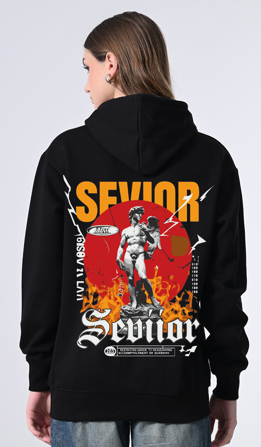 Women’s Printed Black Hoodie – Fleece Pullover, Relaxed Fit & Kangaroo Pocket