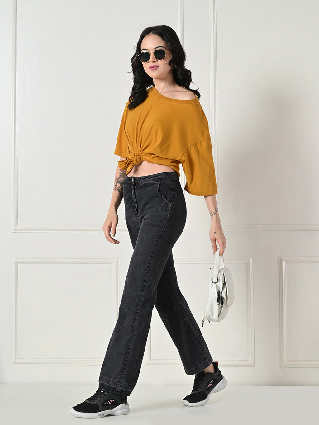 Women's Oversized Drop Shoulder Crop T-Shirt – 100% Cotton, Round Neck Half Sleeves Solid Top for Casual