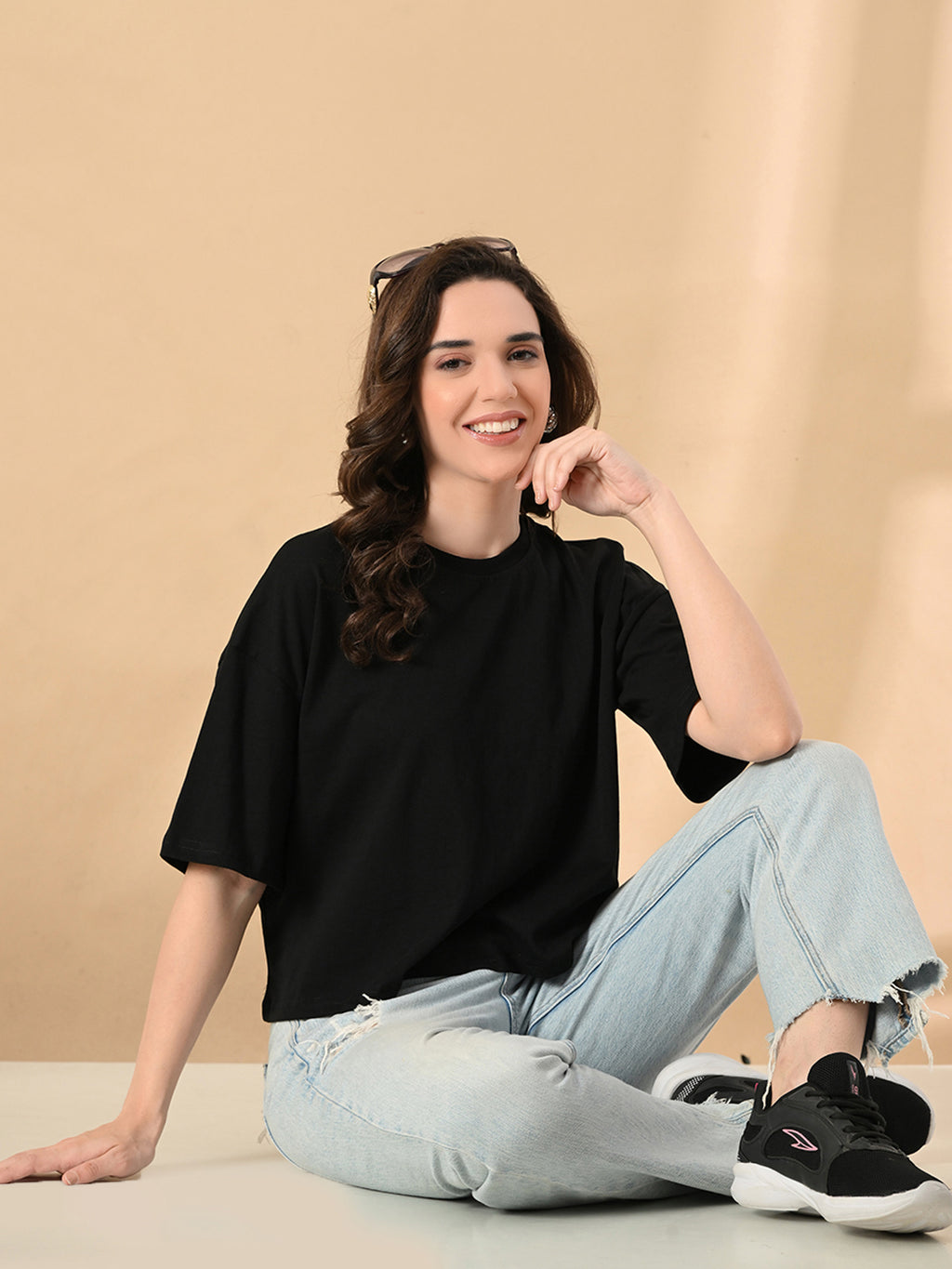Women's Oversized Drop Shoulder Crop T-Shirt – 100% Cotton, Round Neck Half Sleeves