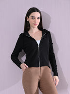 Cotton Full Sleeve Hoddie Women Solid Black Hoodie Jacket
