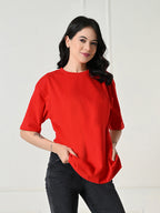 Oversized Drop Shoulder Women’s T-Shirt – Pure Cotton, Round Neck, Relaxed Fit Red