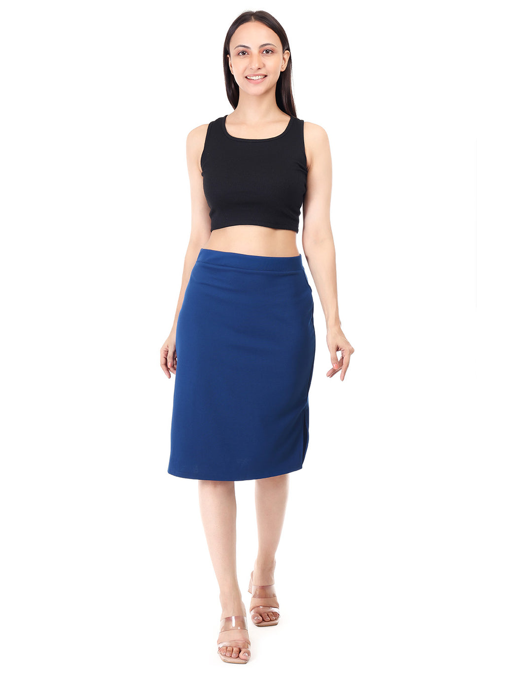 Comfortable Elastic Waist Pencil Skirt with Knee-Length Slit for Women