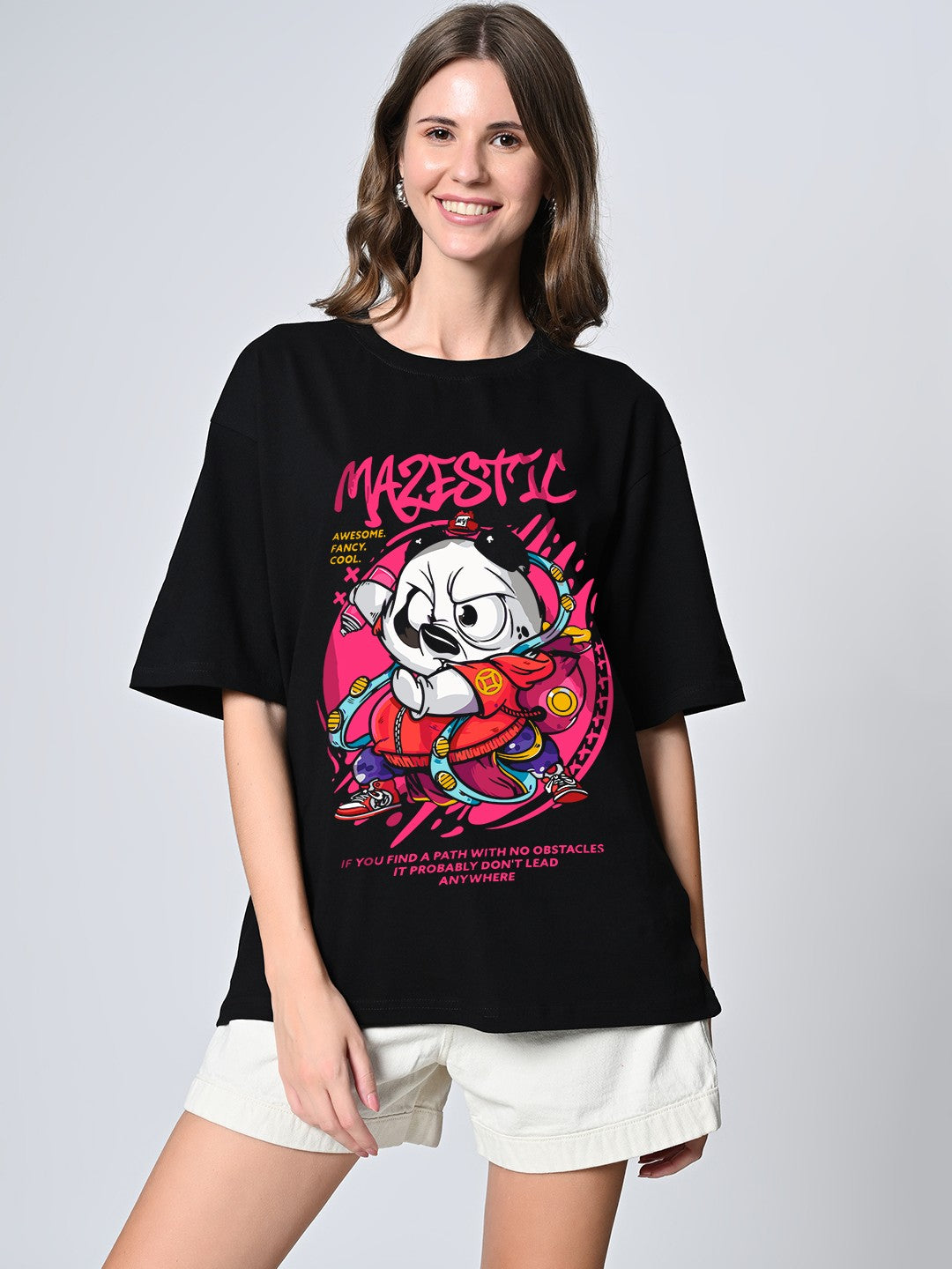 Women’s Oversized Drop-Shoulder Black Printed T-Shirt – 100% Pure Cotton