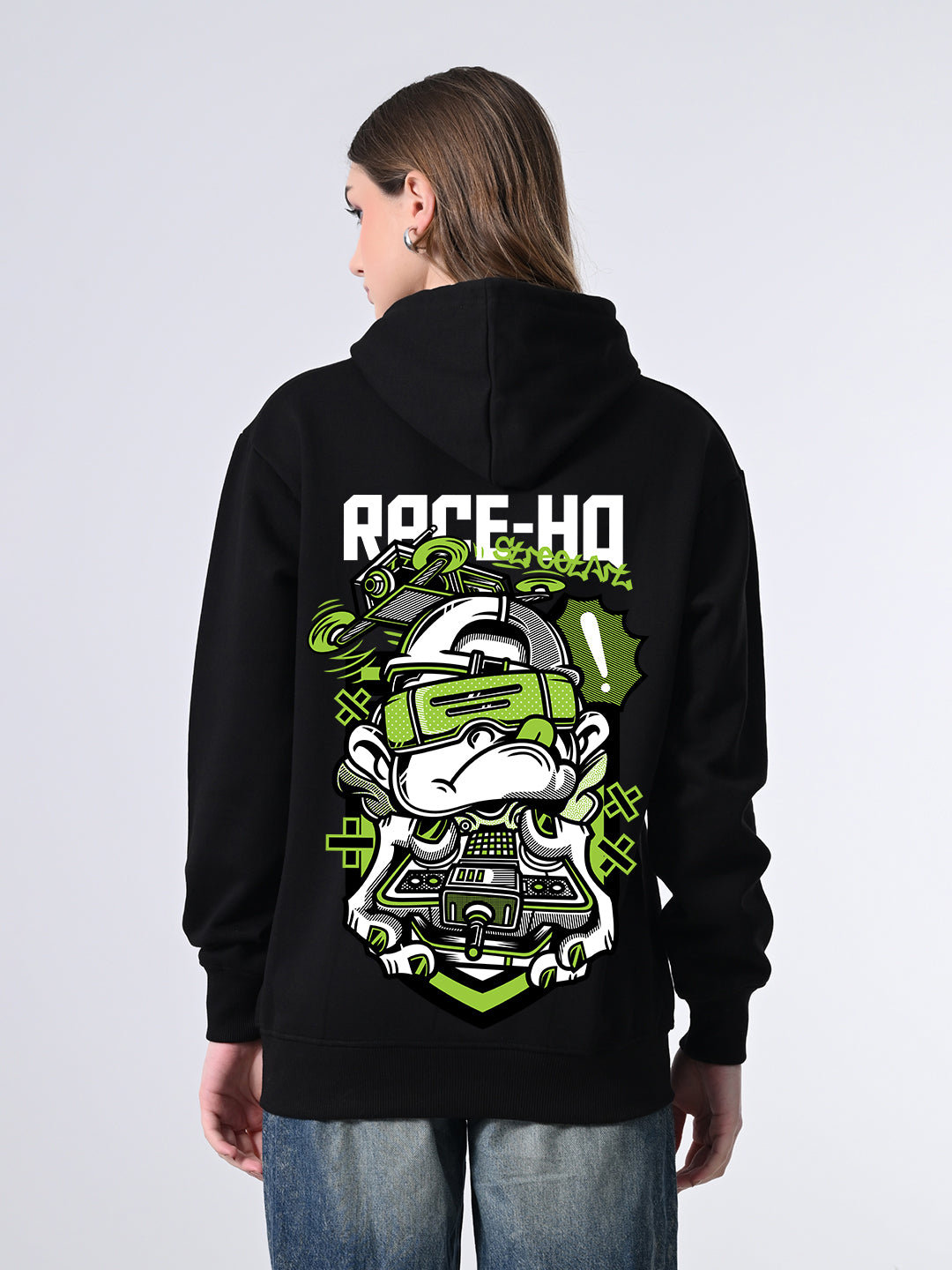 Black Printed Hoodie for Women – Cozy Winter Pullover with Relaxed Fit, Ribbed Hem, Lined Hood & Full Sleeves